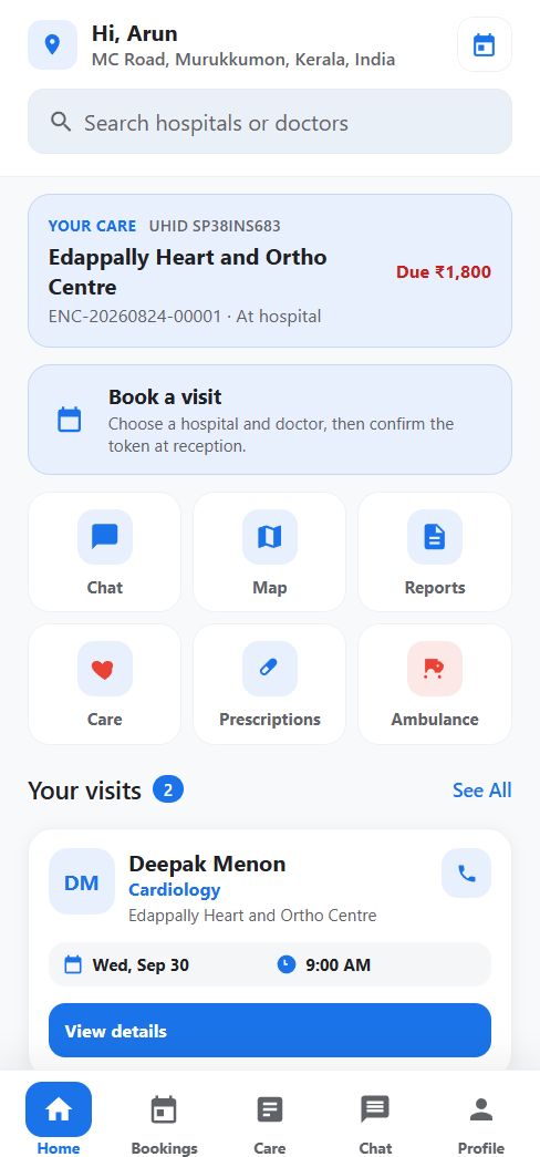 Patient home on a phone: the hospital visit, amount due, and shortcuts for chat, map, reports, care, prescriptions, and ambulance.