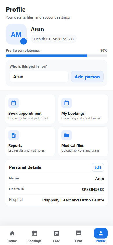 Patient profile: name, health ID, family switch, bookings, reports, and personal details.